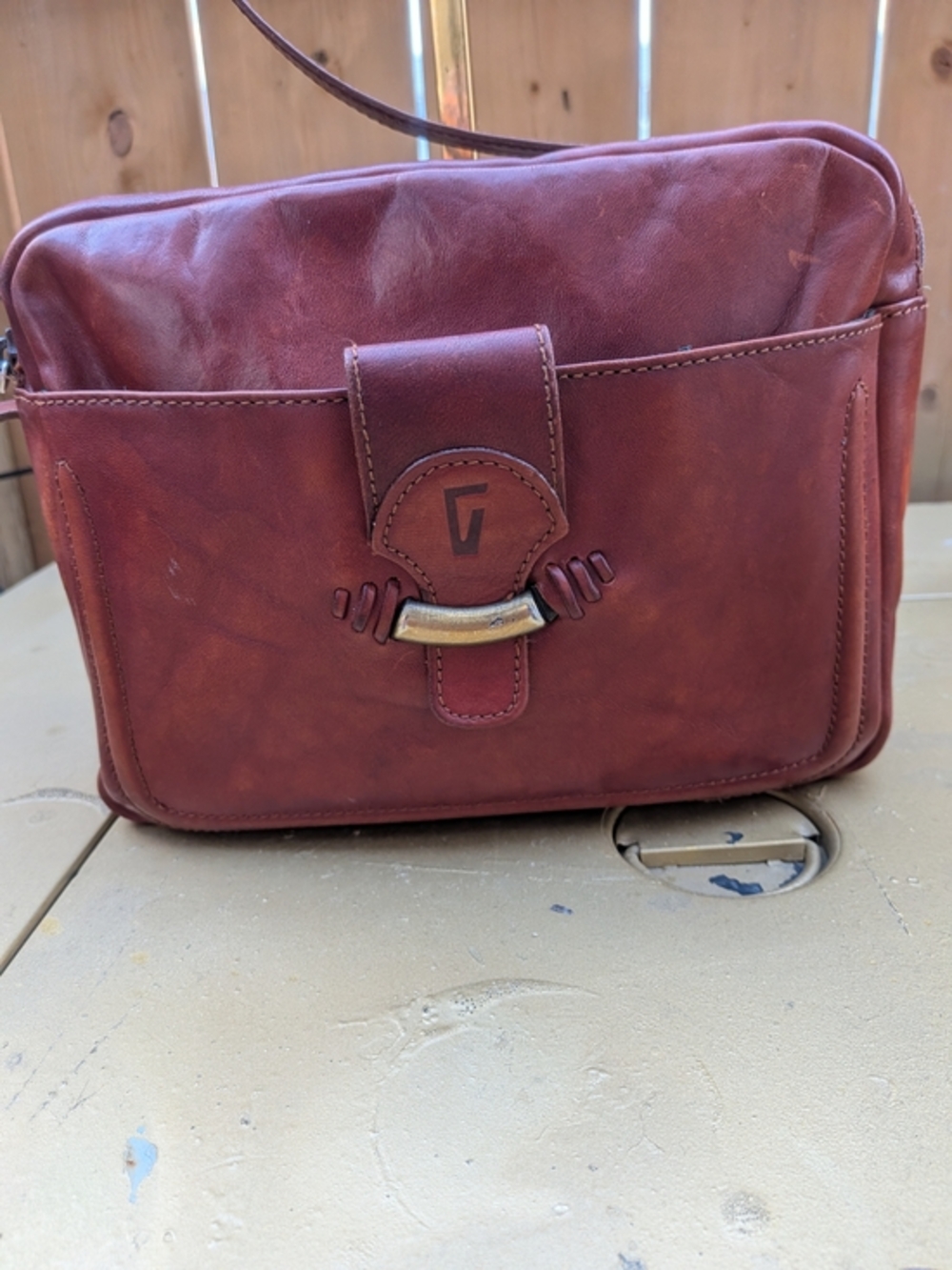 Unisex Double Pocket Square Handbag Satchel Cognac Leather Vintage Swag